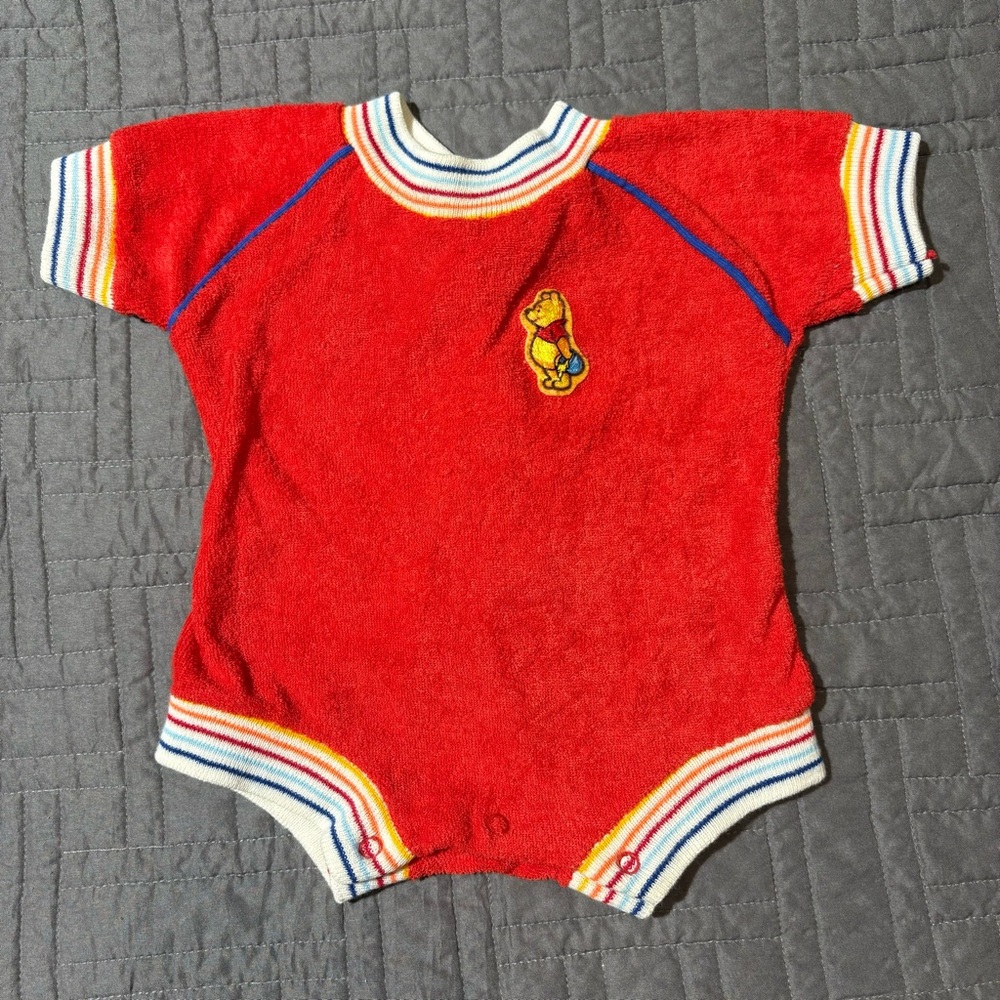 Winnie The Pooh Red Infant Romper Baby Pajamas Vintage Disney Terry Small